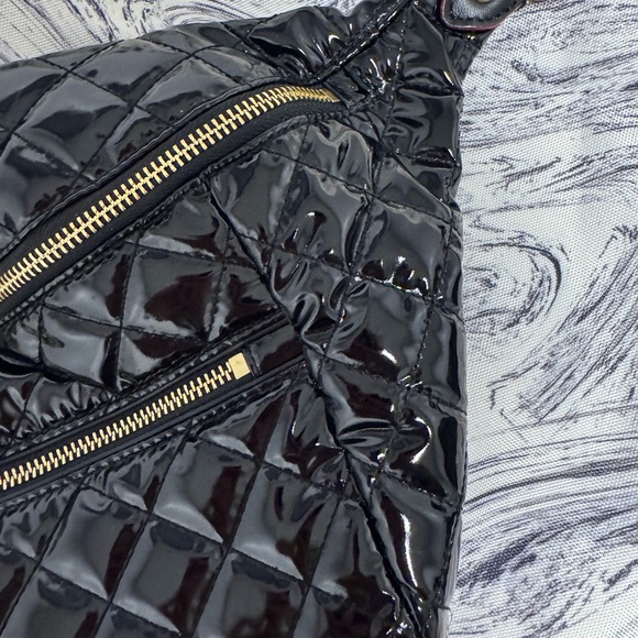 MZ Wallace Black Laquer Quilted Crosby Crossbody Sling  Bag Gold Accent - Picture 6 of 12